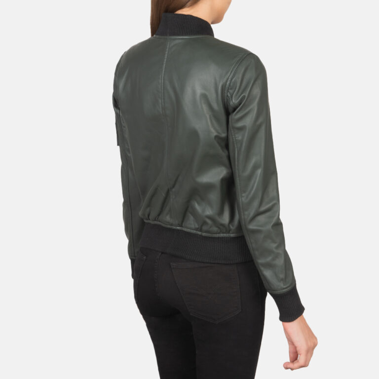 Womens Ava Ma-1 Green Leather Bomber Jacket Tilted Back-8-1659372196801